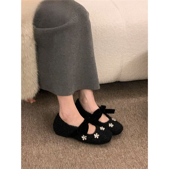 Damen modische Ballerinas mit floralem Dekor und Veloursdetails EB