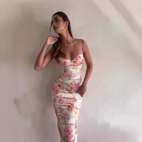 Damen bodenlanges Blumen-Minikleid mit Spaghettiträgern und Raffungen EB
