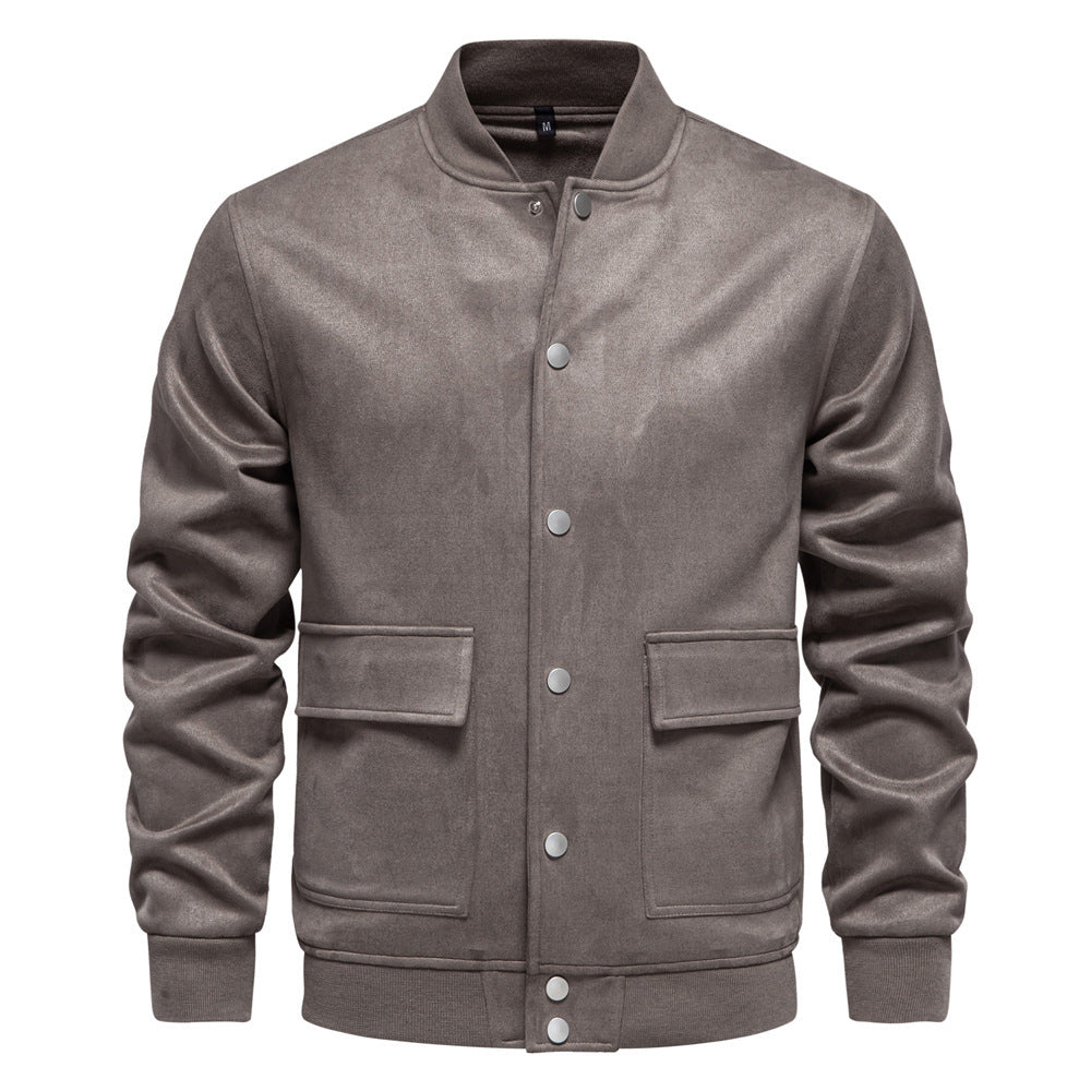 Herren nan Wildlederoptik-Collegejacke mit Druckknopfverschluss, Pattentaschen und geripptem Saum EB