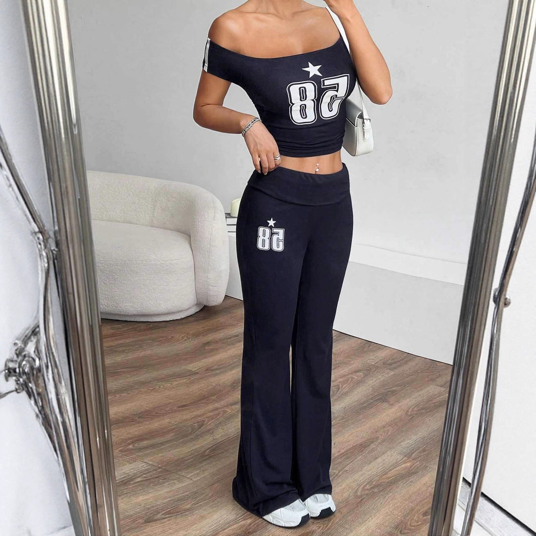 Damen Off-Shoulder Crop-Top und weite Hose Set EB