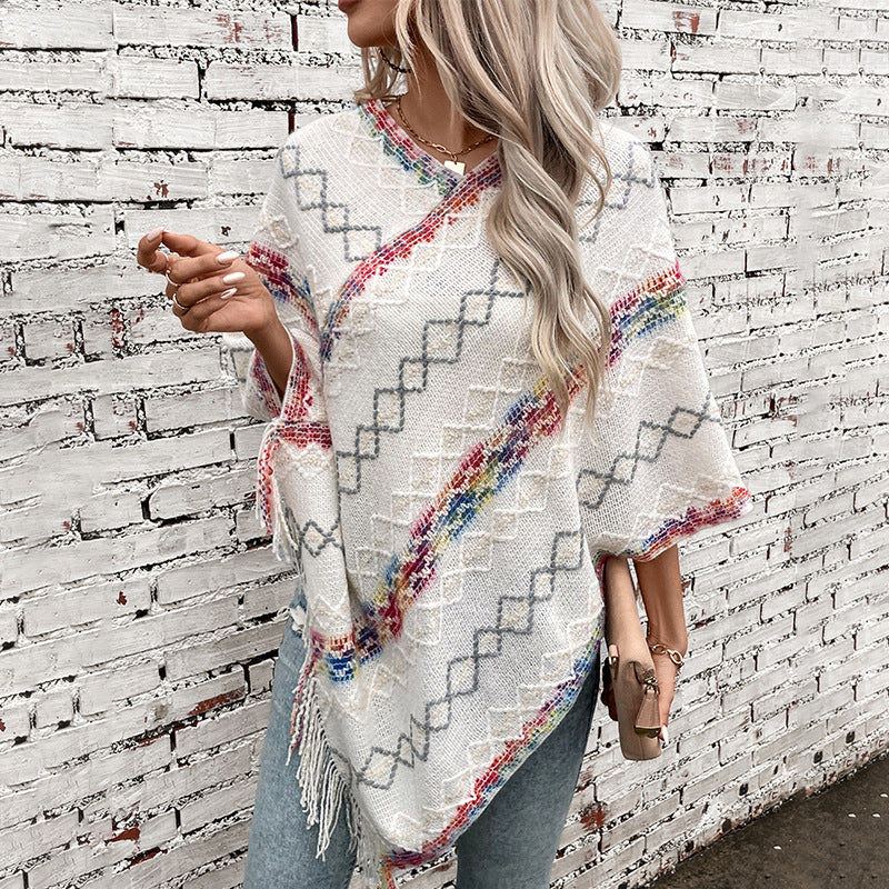 Damen modischer Wickelpullover mit fransigem Saum und einzigartigem Muster EB