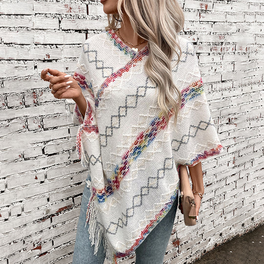 Damen modischer Wickelpullover mit fransigem Saum und einzigartigem Muster EB