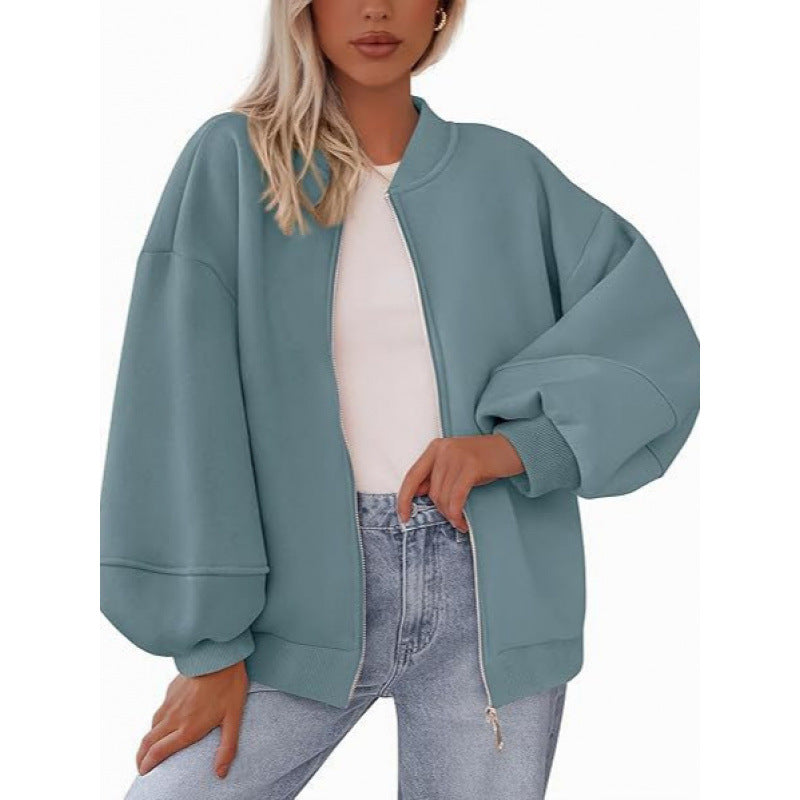 Damen lässige Oversized-Jacke mit Reißverschluss und ballonen Ärmeln EB