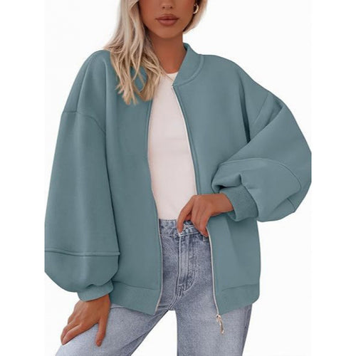 Damen lässige Oversized-Jacke mit Reißverschluss und ballonen Ärmeln EB