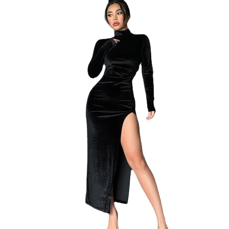 Damen Elegantes Samt-Maxi-Kleid mit hohem Schlitz und Stehkragen EB
