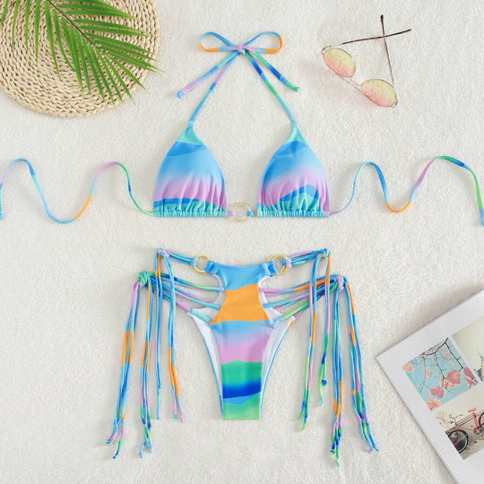 Damen Triangel-Bikini mit modischen Schnüroptik und schimmernden Ringdetails EB