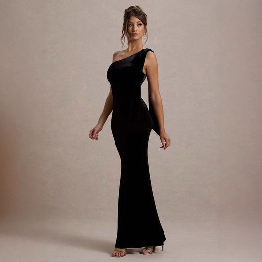 Damen Elegantes Maxikleid mit asymmetrischem Träger und figurbetontem Schnitt EB