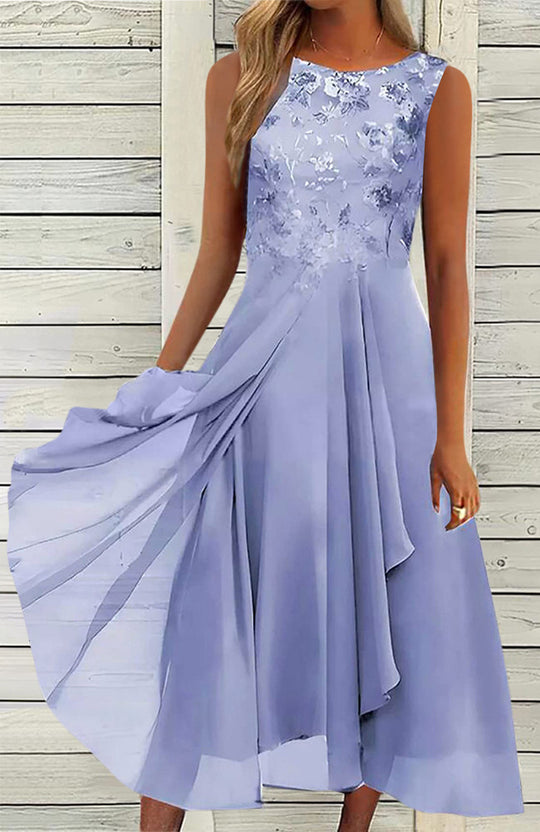 Damen nan ärmelloses Chiffon-Midikleid mit bestickter Brustpartie und asymmetrischem Lagenrock EB