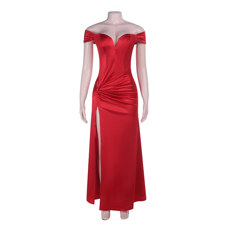 Damen elegantes Abendkleid mit schulterfreiem Design und hohem Schlitz EB