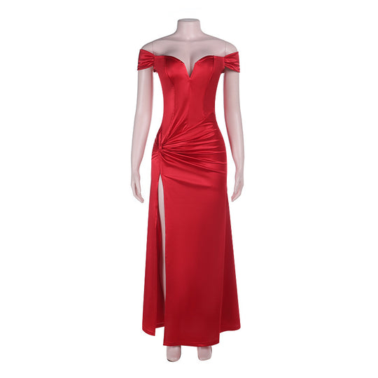Damen elegantes Abendkleid mit schulterfreiem Design und hohem Schlitz EB