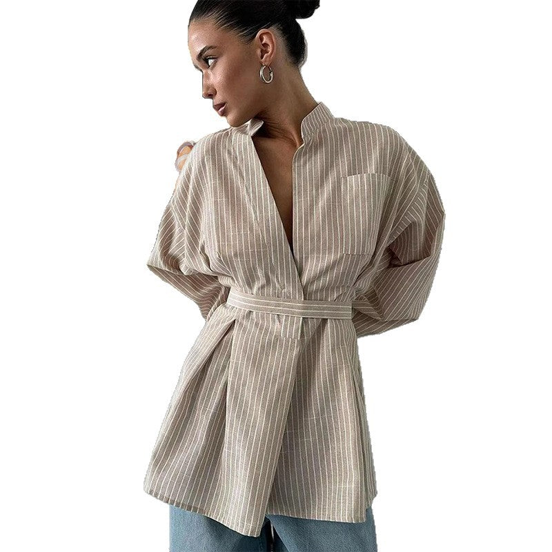 Damen Moderner Wrap-Blusenstil mit Gürtel und Vertikalen Streifen EB