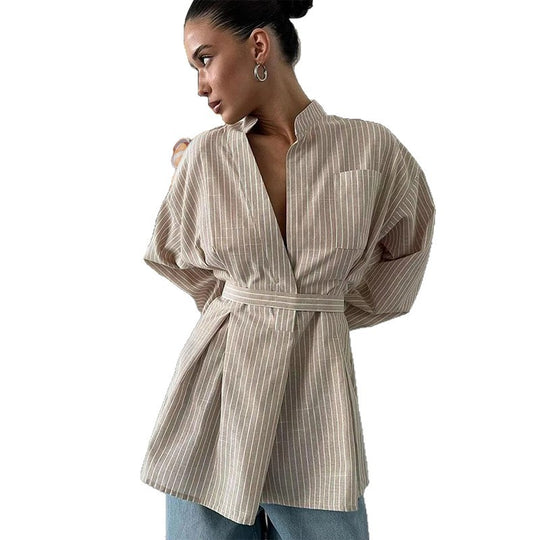 Damen Moderner Wrap-Blusenstil mit Gürtel und Vertikalen Streifen EB