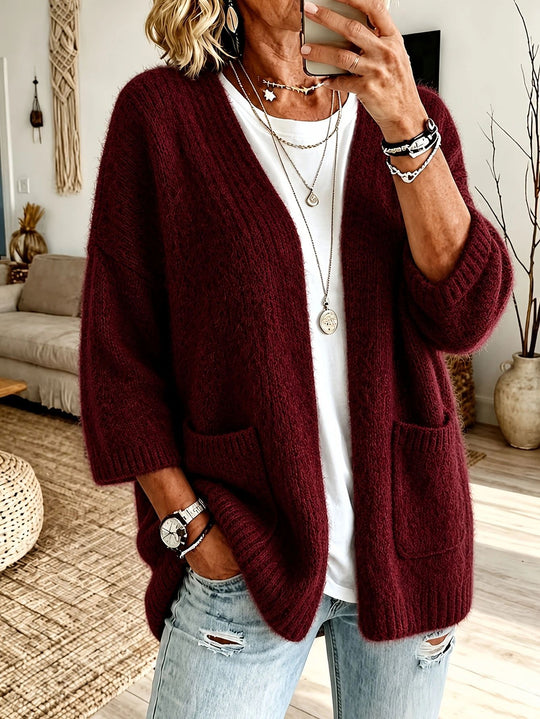 Damen Offener Longcardigan im Mohair-Look mit aufgesetzten Taschen und überschnittener Schulter EB