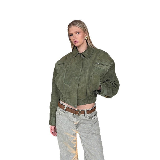 Damen modische Suede-Bomberjacke mit voluminösen Ärmeln EB