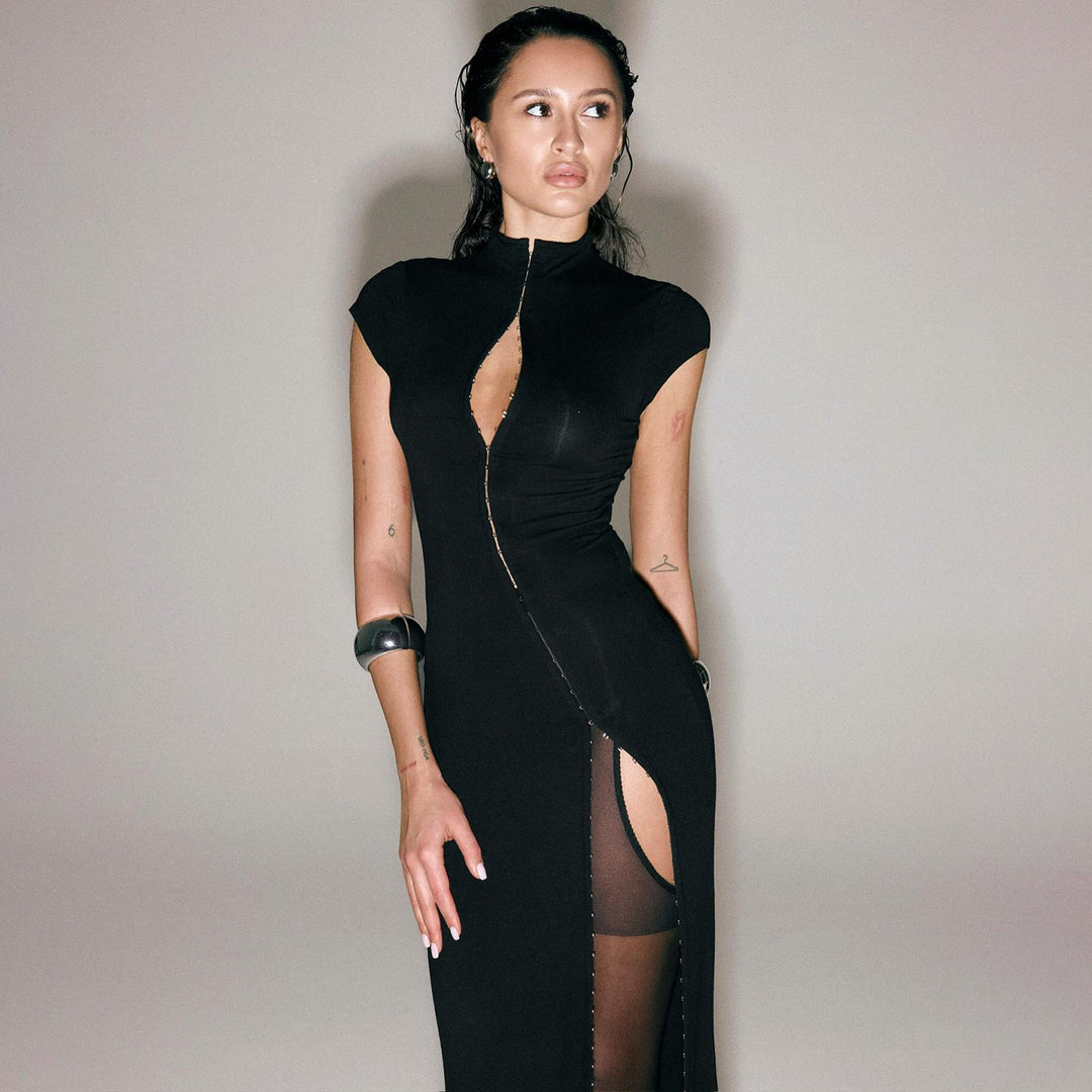 Damen Elegantes Wickelkleid mit hochgeschlossenem Kragen und schmaler Silhouette EB