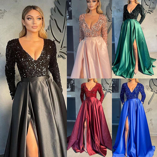 Damen Glamouröses Abendkleid mit tiefem V-Ausschnitt und schimmernden Pailletten EB