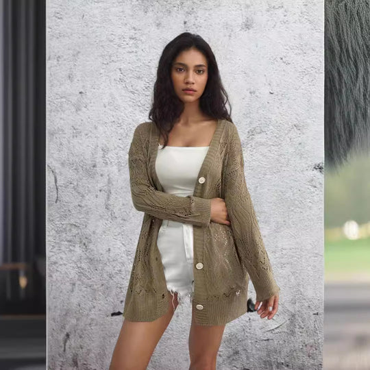 Damen Strickjacke mit luftiger Lochmusterung und schönen Knöpfen EB