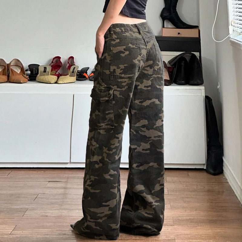 Damen nan weite Cargo-Hose mit Camouflage-Print, hoher Taille und mehreren aufgesetzten Beintaschen EB