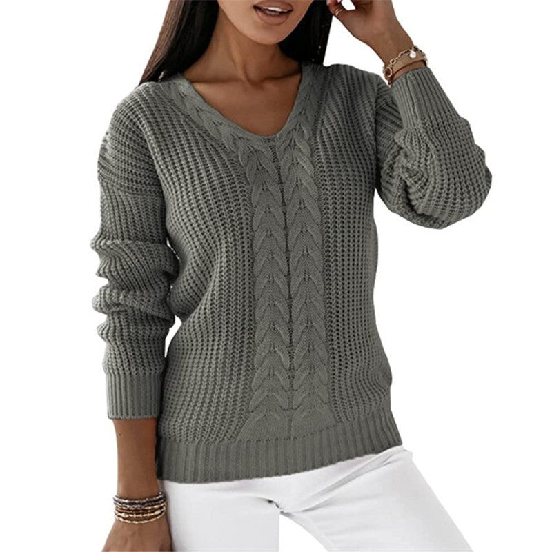 Damen nan grob gestrickter V-Ausschnitt Pullover mit Zopfmuster und lockerer Silhouette EB