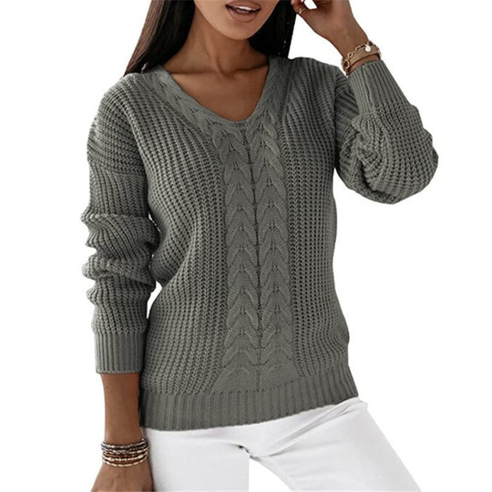 Damen nan grob gestrickter V-Ausschnitt Pullover mit Zopfmuster und lockerer Silhouette EB
