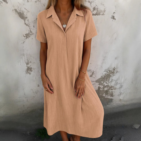 Damen lässiges Maxikleid mit Kragen und kurzen Ärmeln EB