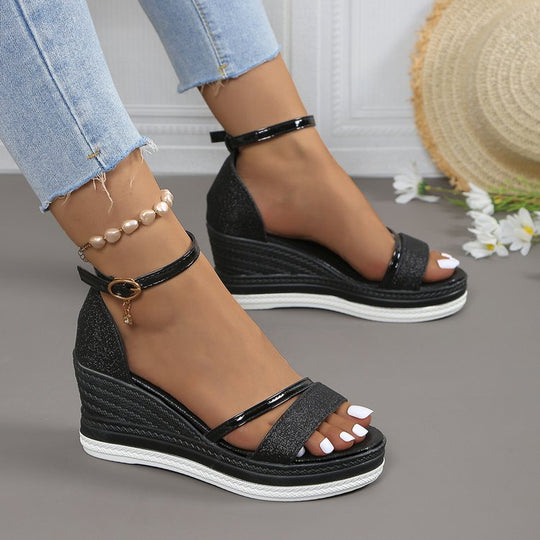 Damen Wedge-Sandalen mit glitzerndem Riemen und verstellbarem Fesselriemen EB