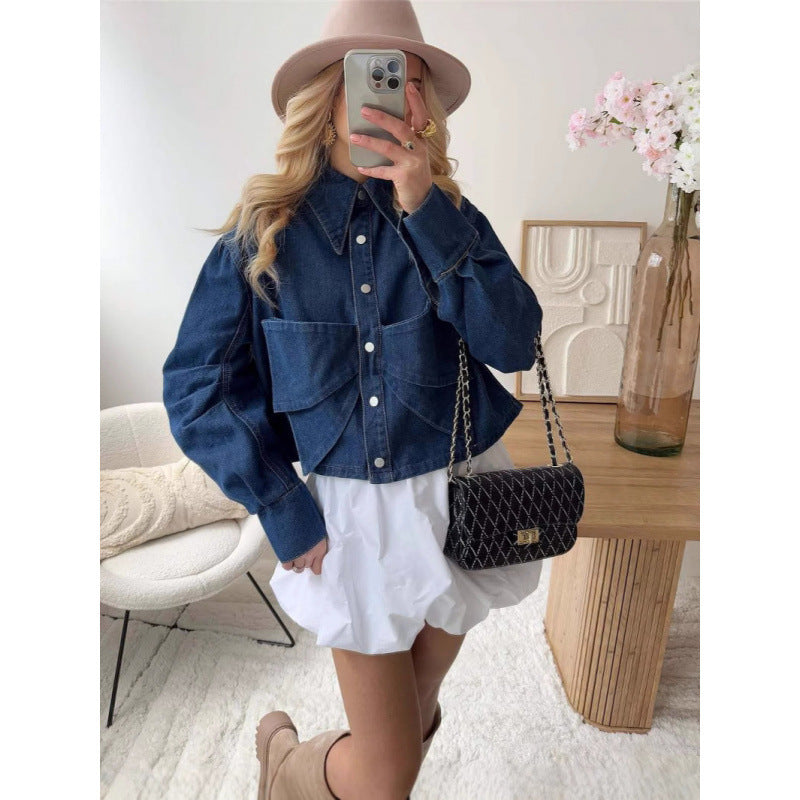 Damen stylische cropped Denimjacke mit praktischen Taschen EB