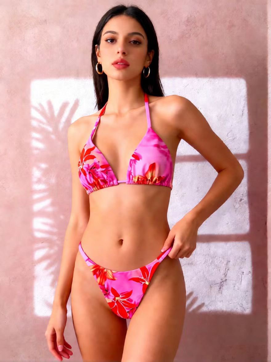 Damen Triangel-Bikini mit floralen Mustern und verstellbaren Bändern EB