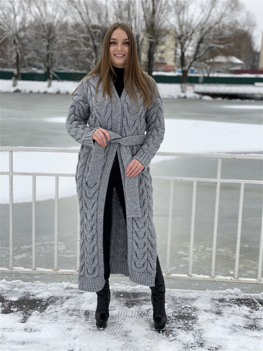 Damen Grobstrickmantel mit offenem Schnitt und praktischen Taschen EB