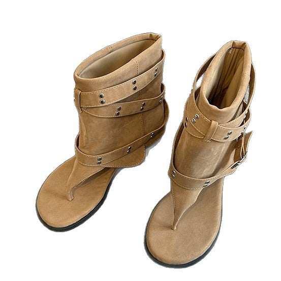 Damen Fashionable Zehentrenner-Stiefel mit Verzierungen und flexiblem Riemendesign EB