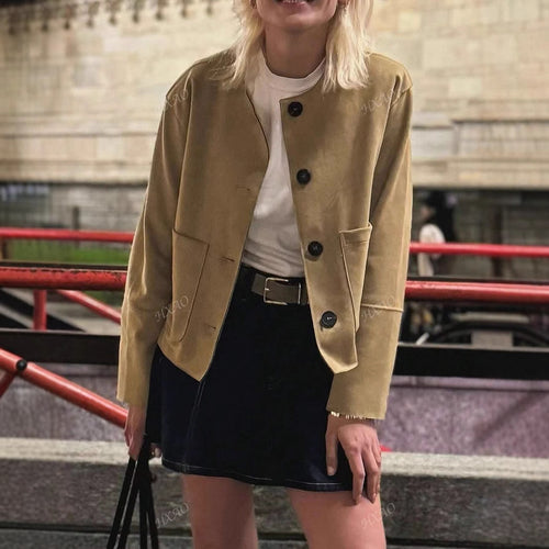 Damen modische Kurzjacke mit praktischen Taschen und Knopfverschluss EB