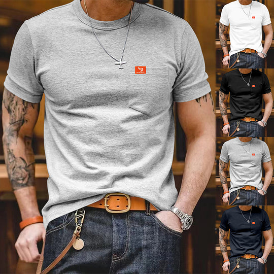 Herren klassisches Kurzarm T-Shirt mit Brusttasche aus hochwertiger Baumwolle EB