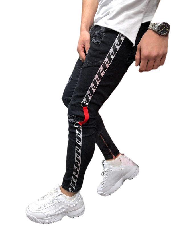 Herren modische Ripped Jeans mit kontrastierenden seitlichen Streifen und detailverliebten Designelementen EB