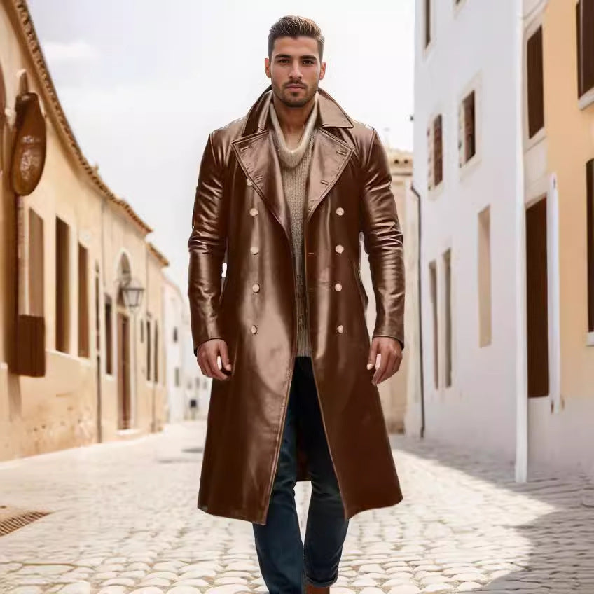 Herren hochwertiger Langmantel aus glänzendem Material mit doppelter Knopfreihe EB