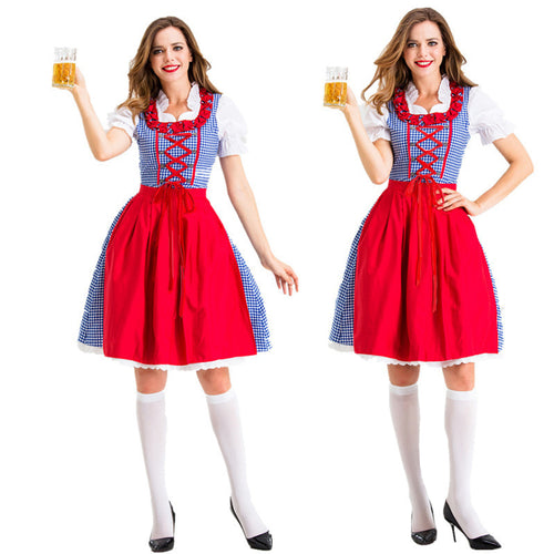 Damen nan Karo-Dirndl mit geschnürter Miederfront, Rüschenkragen und taillierter Schürze EB
