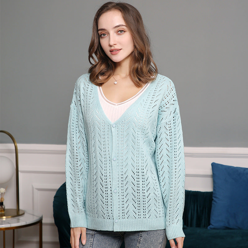 Damen Strickcardigan mit luftiger Lochmusterung und V-Ausschnitt EB