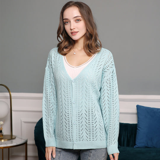 Damen Strickcardigan mit luftiger Lochmusterung und V-Ausschnitt EB