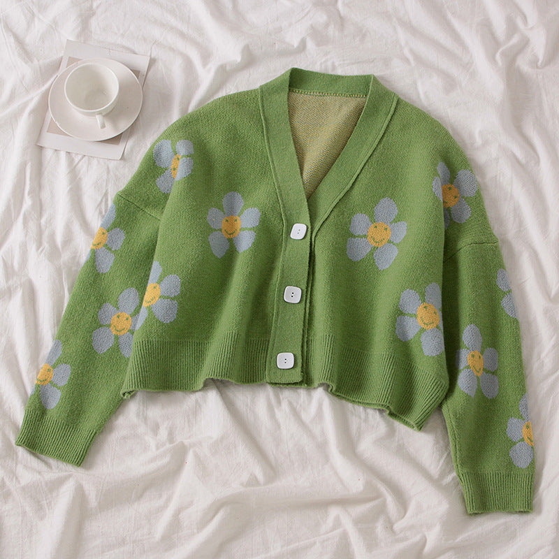 Damen Kürzer Strickcardigan mit floralen Motiven und Knopfdetails EB
