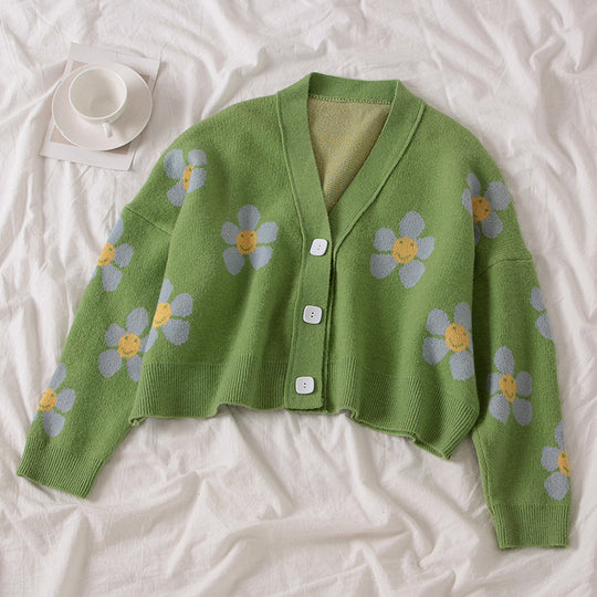 Damen Kürzer Strickcardigan mit floralen Motiven und Knopfdetails EB