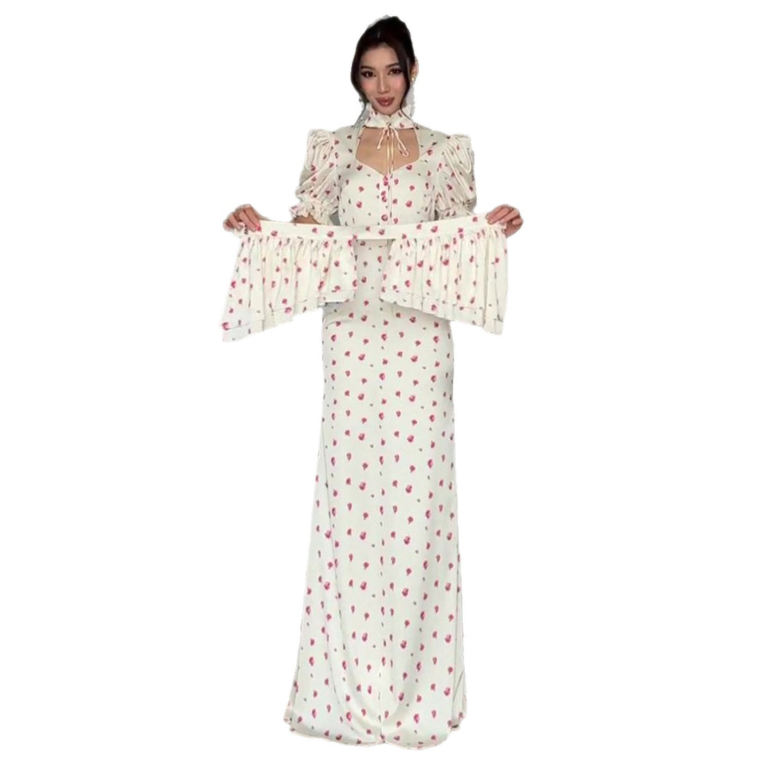 Damen Maxikleid mit romantischem Puffärmel-Design und verspieltem Rüschensaum EB