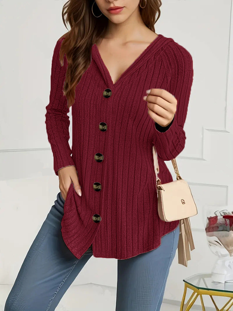 Damen nan kaschierender gerippter Strickcardigan mit V-Ausschnitt und dekorativen Knöpfen EB