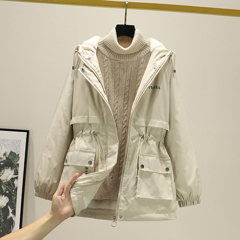 Damen gefütterte Parka-Jacke mit Kapuze und verstellbarem Taillenzug EB