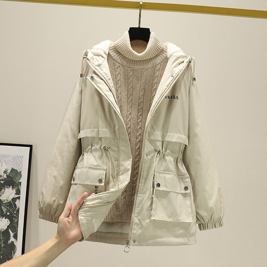 Damen gefütterte Parka-Jacke mit Kapuze und verstellbarem Taillenzug EB