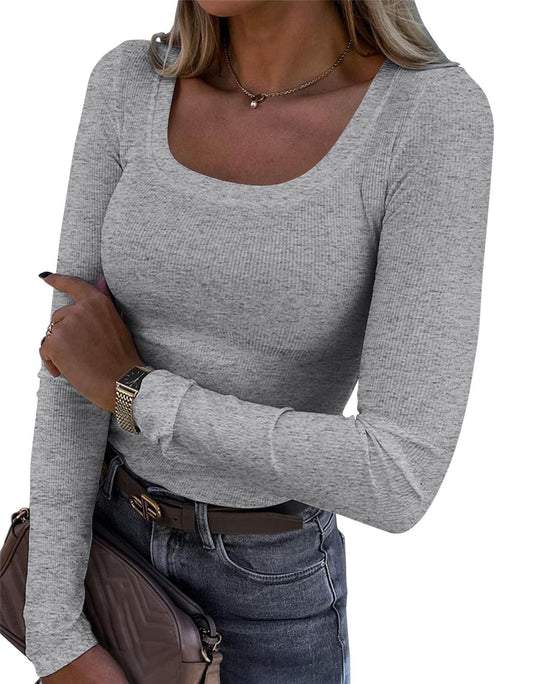 Damen Langarm Ripp-T-Shirt mit elegantem U-Boot-Ausschnitt EB