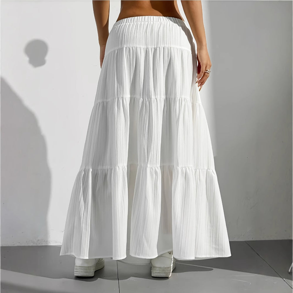 Damen Langer Faltenrock mit Taillenkordel und gestuftem Design EB