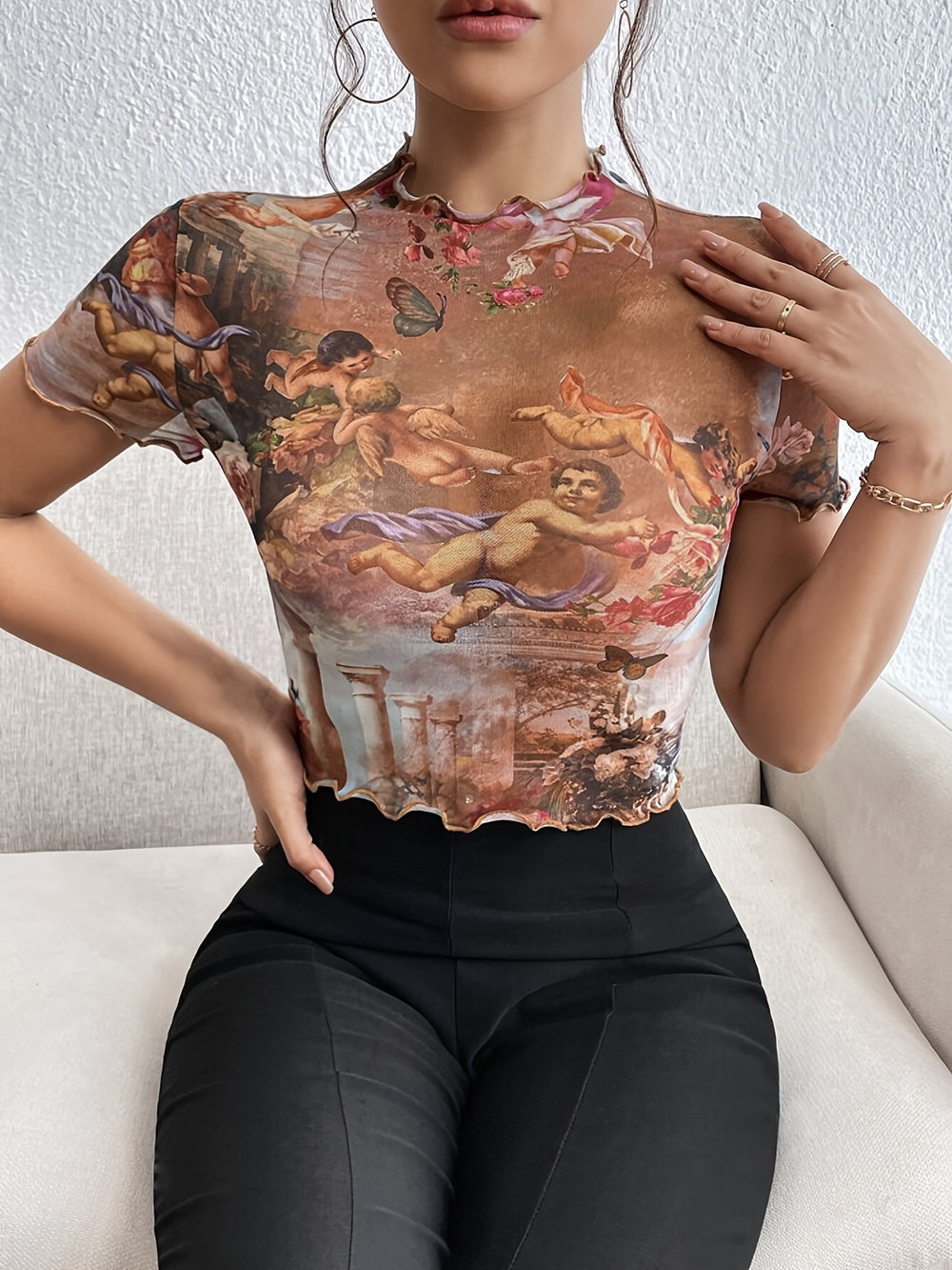 Damen figurbetonter Turtleneck-Body mit kunstvollem Druck EB