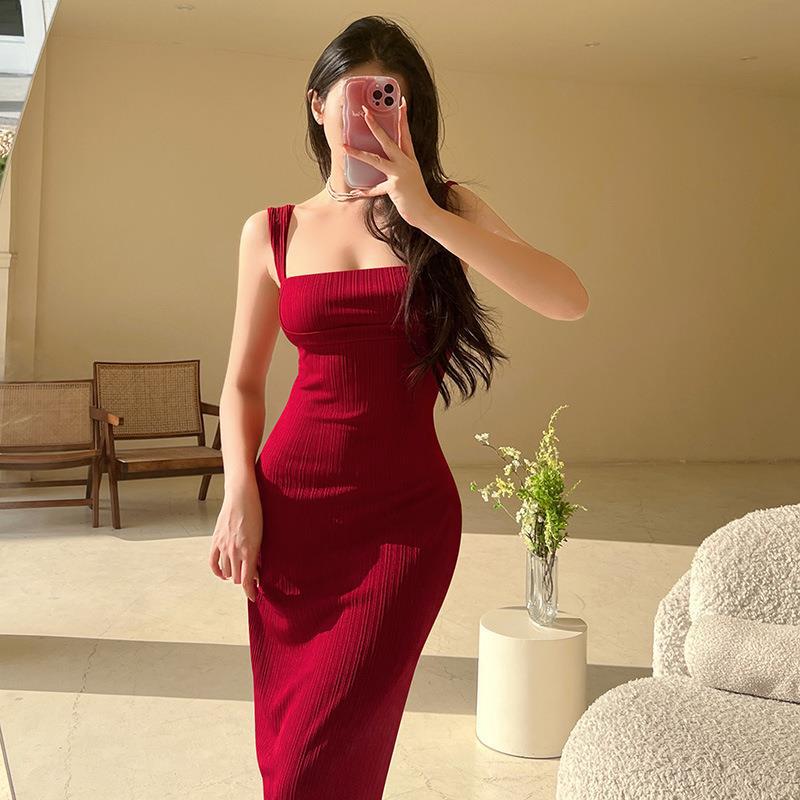 Damen figurbetontes Maxi-Kleid mit quadratischem Ausschnitt und Rippstruktur EB