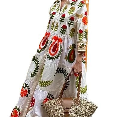 Damen Langarm-Teilkaro Kleid mit floralen Stickereien EB