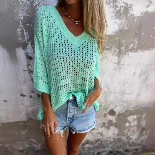 Damen nan luftig gestrickter V-Ausschnitt Pullover im Oversize-Schnitt EB