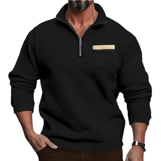 Herren nan feinstrukturiertes Halbzip-Feinstrickpullover mit Stehkragen, Brusttasche und schmaler Silhouette EB